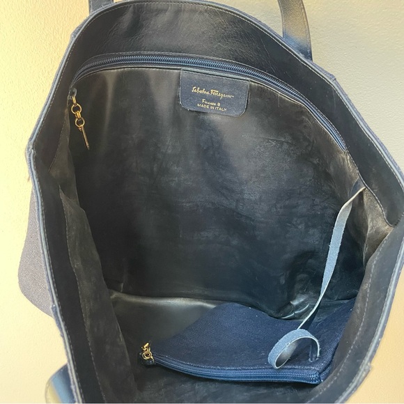 VTG Salvatore Ferragamo Firenze 8 Navy Blue Denim Leather Tote Shoulder Bag - Picture 13 of 14